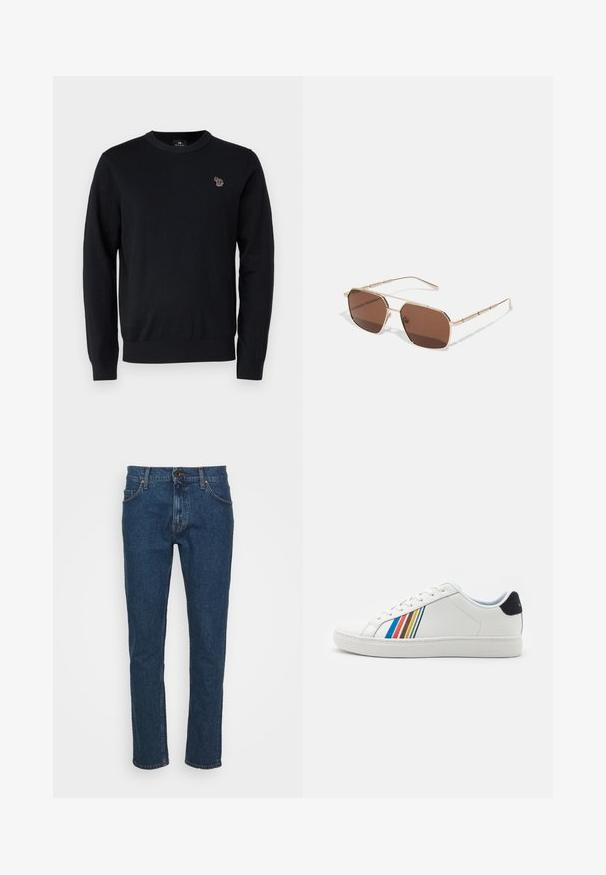 PS Paul Smith CREW NECK - Džemper - black; Tiger of Sweden PISTOLERO - Sirgete säärtega teksad - medium blue; Valge nahast tenniseking, mille külgedel on värvilised vertikaalsed triibud sinises, punases, oranžis ja kollases. Omab ümmargust ninaosa ja lame talda.; Pruunid prillid, millel on kuldne metallraam, ristkülikukujulised läätsed ja detailne tempel. Omab minimalistlikku geomeetrilist disaini.