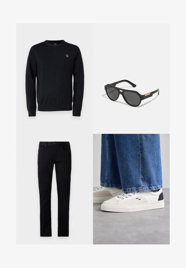 PS Paul Smith CREW NECK - Džemper - black; Emporio Armani POCKETS PANT - Liibuvad teksad - black denim; Valged ja mustad spordijalatsid sileda nahkpealise, tekstuursete aktsentidega ja paksu valge tallaga. Omab klassikalist nööbistamise disaini.; Mustad prillid geomeetrilise raami, toonitud läätsede ja kuldsete detailidega templites. Sile plastmaterjal mattviimistlusega.