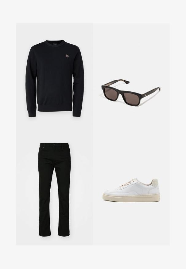 PS Paul Smith CREW NECK - Trui - black; Zwarte denim jeans met een rechte pijpdesign, vijf-pocket styling en een knoopsluiting. Soepele textuur met subtiele stikdetails.; Witte sneaker met een gevoerd leren bovenwerk, beige veters en een gestructureerde beige suede hieltab. Verhoogde zool voor extra hoogte.; Zwarte rechthoekige zonnebril met donkere lenzen. Plastic montuur met een gladde textuur en subtiele merkdetails aan de binnenkant van de vering.