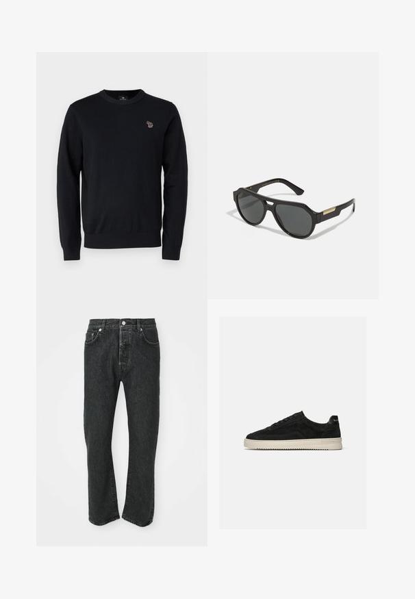 PS Paul Smith CREW NECK - Trui - black; Zwarte rechte denim jeans met een sluiting aan de voorkant met knoop en rits, met zichtbare voor- en achterkantzakken op een witte achtergrond.; Zwarte suède lage sneaker met zwarte veters en witte rubberen zool, zijaanzicht op een effen lichtgrijze achtergrond.; Zwarte zonnebril met een geometrisch montuur, getinte lenzen en gouden accenten op de pootjes. Gladde kunststof met een matte afwerking.