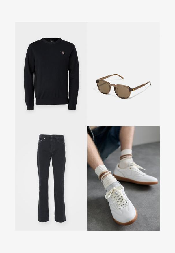 PS Paul Smith CREW NECK - Jersey de punto - black; Vaqueros de mezclilla negra con un diseño de pierna recta, que cuentan con cinco bolsillos y un cierre de botón. La tela tiene una textura sutil y un acabado resistente.; Zapatillas de cuero blanco con una textura suave, detalles en gamuza gris, suelas de goma beige y cordones planos. Combinadas con calcetines a rayas en tonos crema y marrón.; Gafas de sol de tintado marrón con montura cuadrada, material plástico marrón transparente y acentos decorativos amarillos en las patillas.