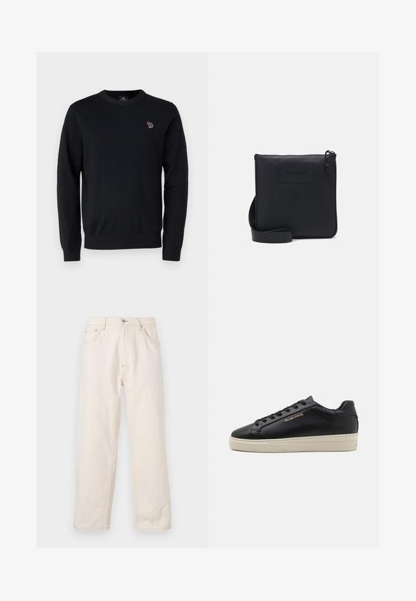 PS Paul Smith CREW NECK - Trui - black; Beige rechte jeans gemaakt van denim, met een knoopsluiting, vijf zakken en zichtbare stikseldetails. Gladde textuur.; Zwarte leren sneaker met een gladde afwerking, contrasterende crèmekleurige zool, ronde neus, gouden logo aan de zijkant en zes gaatjes voor veters.; Zwarte leren schoudertas met een gestructureerde afwerking, rechthoekige vorm, ritssluiting en verstelbare schouderband. Kenmerkt zich door een subtiele merklogo aan de voorkant.