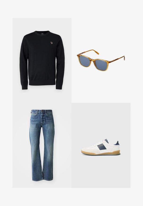 PS Paul Smith CREW NECK - Trui - black; Denim jeans in een licht tot gemiddeld blauwe kleur, met een recht gesneden pijp, klassiek vijf-pocket ontwerp en subtiele vervaging aan de voorkant.; Witte sneakers met marineblauwe accenten, gemaakt van suède en leer, met een ronde neus en rubberen zool. Heeft een logo aan de zijkant en achterkant.; Bruine transparante plastic zonnebril met donkergrijze lenzen, vierkante vorm, subtiele branding op het frame en een glanzende afwerking.