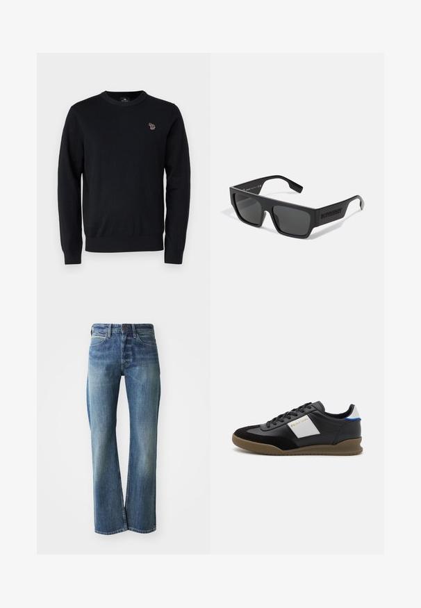 PS Paul Smith CREW NECK - Jersey de punto - black; Vaqueros de mezclilla en un color azul claro a medio, con corte recto, diseño clásico de cinco bolsillos y un sutil desgaste en la parte frontal.; Zapatillas de cuero negro y gamuza con un panel gris, suela de goma marrón y acento azul en el talón. Cuenta con cordones y logotipo en relieve.; Gafas de sol negras con forma rectangular, acabado mate y lentes grises. Presentan el logo grabado en las varillas. Diseño clásico.