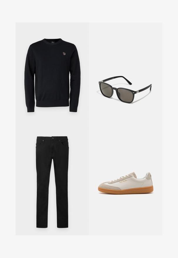 PS Paul Smith CREW NECK - Trui - black; Zwarte rechte broek met knopen en rits aan de voorkant, riemlussen en een ontwerp met vijf zakken op een witte achtergrond.; Witte en beige lage sneakers met een gumrubberen zool, witte veters, suède details en een gouden "Paul Smith" logo aan de zijkant.; Polo Ralph Lauren Zonnebril - shiny black