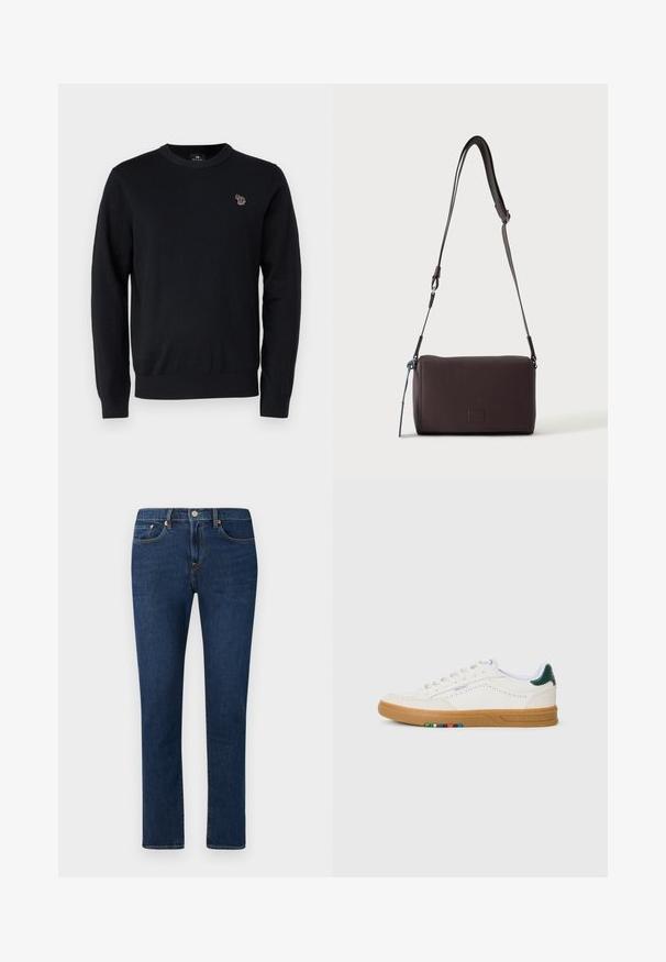 PS Paul Smith CREW NECK - Striktrøje - black; Mørkeblå denimjeans med lige ben, der har en klassisk fem-lomme stil og en knaplukning i taljen.; Hvide lædersneakers med perfereret design, gummisul, grøn hælaccent og farverig stribe detalje på siden.; Mørkebrun textured læder crossbody taske med justerbar rem og lille dekorativ blå accent på siden.