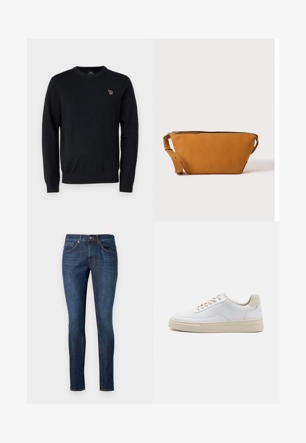 PS Paul Smith CREW NECK - Jersey de punto - black; Tejanos de denim azul oscuro con corte slim, cinco bolsillos y costuras en contraste. La tela tiene una textura suave y un ligero brillo.; Zapatilla blanca con parte superior de cuero suave, cordones beige y un tirador de talón de ante beige texturizado. Suela elevada para mayor altura.; Bolso bandolera de cuero marrón claro con correa ajustable y cierre de cremallera, mostrado sobre un fondo claro y liso.