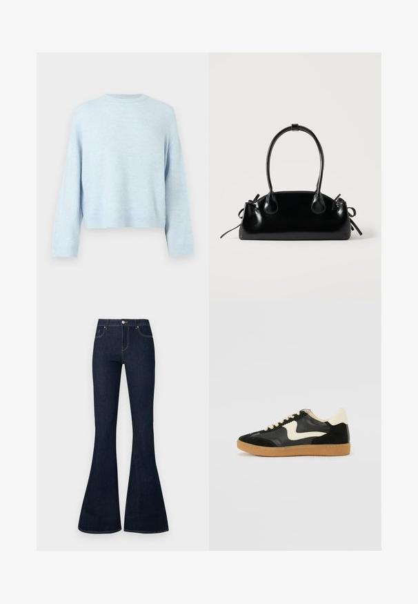 Pull ample bleu clair avec un col rond et des manches longues. Texture douce, poignets et ourlet côtelés, coupe courte.; Jean en denim bleu foncé taille haute avec jambes évasées, bouton et zip à l'avant, et conception à cinq poches.; Baskets en daim et cuir noir avec un swoosh latéral crème et un talon crème clair. Dotées de lacets beige et d'une semelle en caoutchouc gomme.; Petit sac à main noir brillant avec deux longues anses et des détails à cordon sur les côtés sur un fond clair uni.