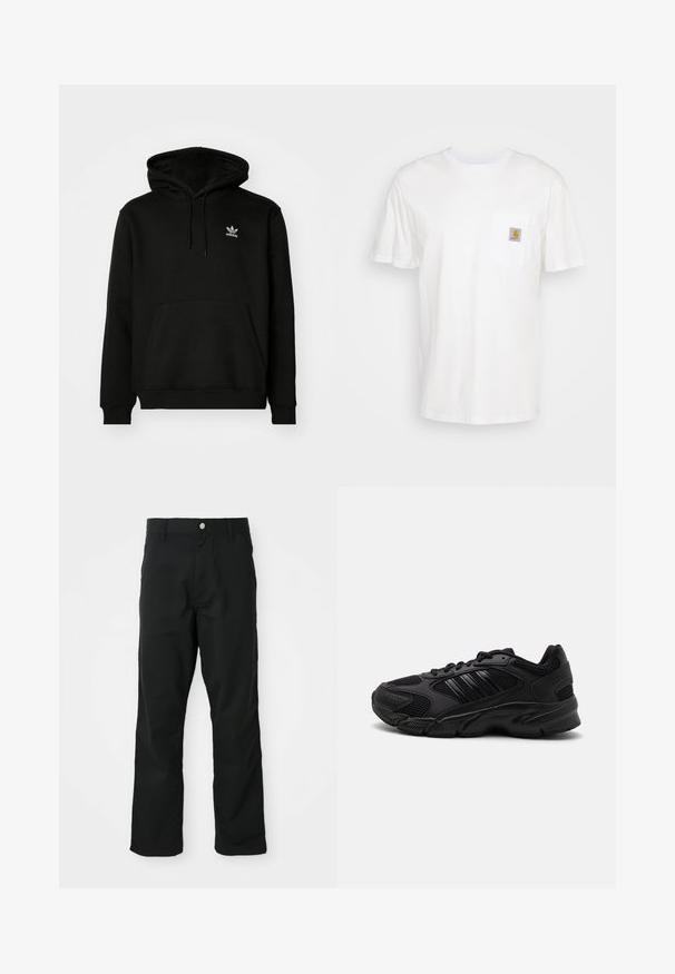 Schwarzer Kapuzenpullover aus Baumwollmix, mit einer Fronttasche, gerippten Bündchen und einem kleinen weißen Logo auf der oberen linken Brust.; Weißes Baumwoll-T-Shirt mit kurzen Ärmeln, einer Brusttasche und einem kleinen quadratischen Logopatch in Orange und Weiß auf der Tasche.; Schwarze gerade geschnittene Hosen mit Knopf- und Reißverschluss, Gürtelschlaufen und Seitentaschen, präsentiert vor einem weißen Hintergrund.; Schwarze Sportschuhe mit einer Kombination aus atmungsaktivem Mesh und synthetischen Materialien. Auffällige strukturierte Sohle und drei schwarze Streifen an der Seite.