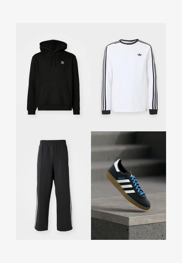 Čierna mikina s kapucňou vyrobená z bavlneného zmesi, má predné vrecko, rebrované manžety a malé biele logo na hornej ľavej časti hrudníka.; Biele tričko Adidas s dlhým rukávom, čiernym okrúhlym výstrihom, čiernymi manžetami, tromi čiernymi pruhmi na rukávoch a čiernym logom trefoil na hrudi.; Čierne teplákové nohavice s elastickým pásom, s bielymi bočnými pruhmi a voľným strihom. Vyrobené z mäkkej, elastickej tkaniny.; Čierna teniska Adidas s bielymi pruhmi, modrými šnúrkami a gumovou podrážkou, ktorá sa vznáša nad sivým betónovým schodom v mäkkom svetle.