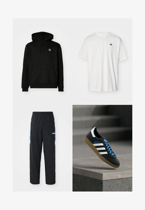 Schwarzer Kapuzenpullover aus Baumwollmix, mit einer Fronttasche, gerippten Bündchen und einem kleinen weißen Logo auf der oberen linken Brust.; Weißes Baumwoll-T-Shirt mit kurzen Ärmeln, Rundhalsausschnitt und kleinem schwarzem Adidas-Logo auf der linken Brust. Weicher Stoff, lässige Passform.; Schwarze Sporthose mit elastischem Bund, ausgestattet mit blauen und weißen grafischen Akzenten an den Seiten und einem gestickten Logo.; Schwarzer Adidas-Sneaker mit weißen Streifen, blauen Schnürsenkeln und Gummisohle, der über einer grauen Betontreppe im weichen Licht schwebt.