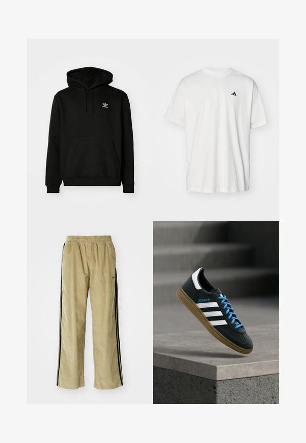 Zwarte hoodie van een katoenmix, voorzien van een voorzak, ribgebreide manchetten en een klein wit logo op de bovenste linkerborst.; Witte katoenen t-shirt met korte mouwen, ronde hals en een klein zwart Adidas-logo op de linkerzijde van de borst. Zachte textuur, casual pasvorm.; Beige corduroy broek met een elastische tailleband, voorzien van zwarte zijstrepen. De stof heeft een ribbelstructuur, iets uitlopend aan de onderkant.; Zwarte Adidas-sneaker met witte strepen, blauwe veters en een gumzool die boven een grijze betonnen trede zweeft in zacht licht.