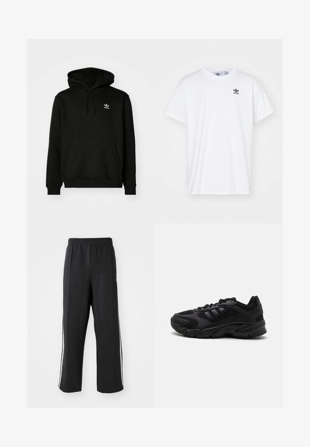 Sort hættejakke lavet af bomuldsblanding, har en frontlomme, ribbede manchetter og et lille hvidt logo på venstre bryst.; Hvid bomulds T-shirt med korte ærmer, rund halsudskæring og et sort Adidas-logo med tre striber på venstre brystområde.; Sorte sweatpants med elastisk talje, der har hvide sidelister og en afslappet pasform. Lavet af blødt, strækbart stof.; Sorte træningssko med en kombination af åndbart mesh og syntetiske materialer. Distinct tekstureret sål og tre sorte striber på siden.