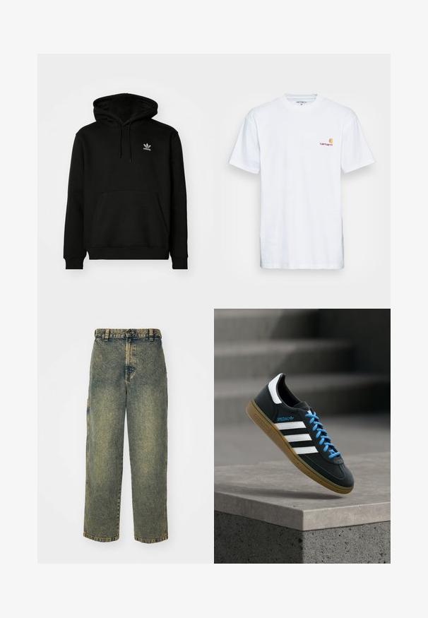Schwarzer Kapuzenpullover aus Baumwollmix, mit einer Fronttasche, gerippten Bündchen und einem kleinen weißen Logo auf der oberen linken Brust.; Weißes Baumwoll-T-Shirt mit kurzen Ärmeln. Entworfen mit einem kleinen orangefarbenen und kastanienbraunen Logo auf der linken Brust. Verfügt über einen klassischen Rundhalsausschnitt.; Baggy-Jeans aus Denim in einer verblassten Blauen und Grünen Waschung. Mit Knopfverschluss, Gürtelschlaufen und Seitentaschen. Flaches Vorderteil und gerades Bein-Design.; Schwarzer Adidas-Sneaker mit weißen Streifen, blauen Schnürsenkeln und Gummisohle, der über einer grauen Betontreppe im weichen Licht schwebt.
