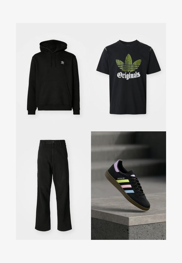 Sort hættejakke lavet af bomuldsblanding, har en frontlomme, ribbede manchetter og et lille hvidt logo på venstre bryst.; Sort bomulds T-shirt med et slidt grønt grafik med tre striber og ordet "Originals" nedenfor i hvidt, rund halsudskæring, korte ærmer.; Sort lige ben jeans med knaplukning, bæltestropper og forlommer på en ensfarvet hvid baggrund.; Sort Adidas Spezial sneaker med pastelgule, pink og blå striber, lavendel hælstrop og brun sål, svævende over betonforkant.