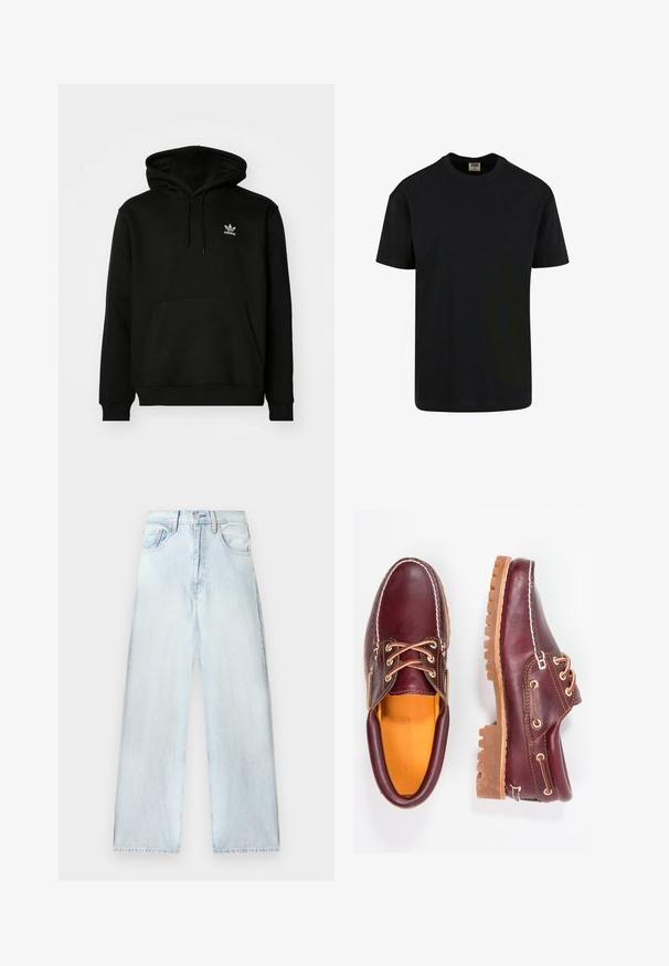 Schwarzer Kapuzenpullover aus Baumwollmix, mit einer Fronttasche, gerippten Bündchen und einem kleinen weißen Logo auf der oberen linken Brust.; Urban Classics SHORTSLEEVE - T-Shirt basic - black; Helle blaue Jeanshose mit lockerer Passform, hoher Taille, Fünf-Taschen-Design und geraden Beinen. Ausgewaschene Textur mit sichtbaren Nähdetails.; Bordeauxfarbene Lederschuhe mit braunen Gummisohlen, runder Zehenform, weißen Nähten und goldenen Ösen. Das Innenfutter weist eine gelbe Beschichtung auf.