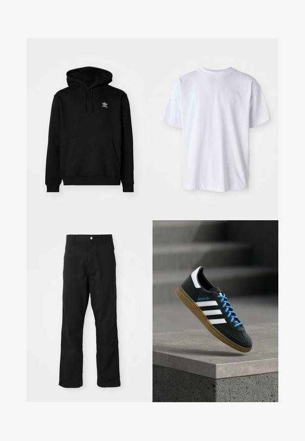 Schwarzer Kapuzenpullover aus Baumwollmix, mit einer Fronttasche, gerippten Bündchen und einem kleinen weißen Logo auf der oberen linken Brust.; Weißes Baumwoll-T-Shirt mit Rundhalsausschnitt und kurzen Ärmeln. Verfügt über ein dezentes Logo, das in passender Farbe auf der linken Brust gestickt ist.; Schwarze gerade geschnittene Hosen mit Knopf- und Reißverschluss, Gürtelschlaufen und Seitentaschen, präsentiert vor einem weißen Hintergrund.; Schwarzer Adidas-Sneaker mit weißen Streifen, blauen Schnürsenkeln und Gummisohle, der über einer grauen Betontreppe im weichen Licht schwebt.