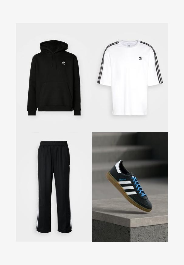 Schwarzer Kapuzenpullover aus Baumwollmix, mit einer Fronttasche, gerippten Bündchen und einem kleinen weißen Logo auf der oberen linken Brust.; Weißes T-Shirt mit kurzen Ärmeln, schwarzen drei Streifen auf den Schultern und schwarzem Adidas-Logo auf der Brust. Aus weichem Baumwollmaterial.; Schwarze Sporthosen mit elastischem Bund, ausgestattet mit weißen Seitenstreifen und einem kleinen Logo. Das Material wirkt weich und leicht.; Schwarzer Adidas-Sneaker mit weißen Streifen, blauen Schnürsenkeln und Gummisohle, der über einer grauen Betontreppe im weichen Licht schwebt.