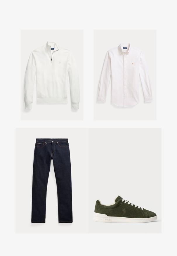 Weißer Pullover mit langem Ärmel, Reißverschlusskragen, gewebter Textur und einem kleinen, grauen, gestickten Logo auf der linken Brust.; Weißes langärmliges Hemd mit dünnen vertikalen Streifen und kleinem auf der Brust bestickten Logo, flach auf hellem Hintergrund dargestellt.; Dunkelblaue Jeans aus Denim mit fünf Taschen, Kupfernieten und kontrastierenden Nähten, flach auf einem weißen Hintergrund liegend.; Niedrig geschnittener, dunkelgrüner Wildledersneaker mit weißen Schnürsenkeln und Sohle, der auf der Seite und der Sohle ein dezentes Polo-Logo aufweist.