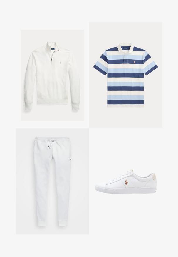 Weißer Pullover mit langem Ärmel, Reißverschlusskragen, gewebter Textur und einem kleinen, grauen, gestickten Logo auf der linken Brust.; Kurzärmeliges Poloshirt mit breiten horizontalen Streifen in Marineblau, Hellblau und Weiß, mit weißem Kragen und kleinem orangefarbenem Logo.; Weiße Jogginghose aus weichem Material mit einer Kordelzugweite, seitlichen Taschen und gerippten Bündchen. Kleines Logo auf dem Oberschenkel.; Weiße Leinensneaker im Low-Top-Design mit einem beigen Ferseneinsatz und einem kleinen gestickten Logo an der Seite. Gummisohle.