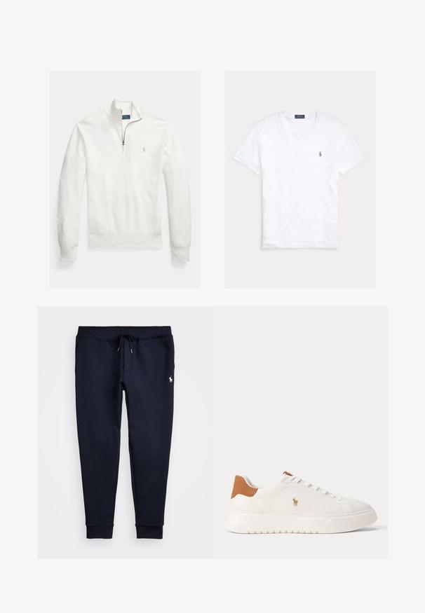 Weißer Pullover mit langem Ärmel, Reißverschlusskragen, gewebter Textur und einem kleinen, grauen, gestickten Logo auf der linken Brust.; Weißes T-Shirt mit Rundhalsausschnitt und kurzen Ärmeln, mit kleinem gesticktem Polo Ralph Lauren Logo auf der linken Brust und blauem Markenetikett innen am Kragen.; Marineblaue Jogginghose mit Tunnelzug an der Taille, Seitentaschen, Bündchen an den Knöcheln und kleinem weißen Pferdelogo am rechten Oberschenkel.; Weißer Sneaker mit niedrigem Schaft, beige Fersenlasche, weißen Schnürsenkeln und kleinem, besticktem Polospieler-Logo an der Seite über einer dicken Sohle.