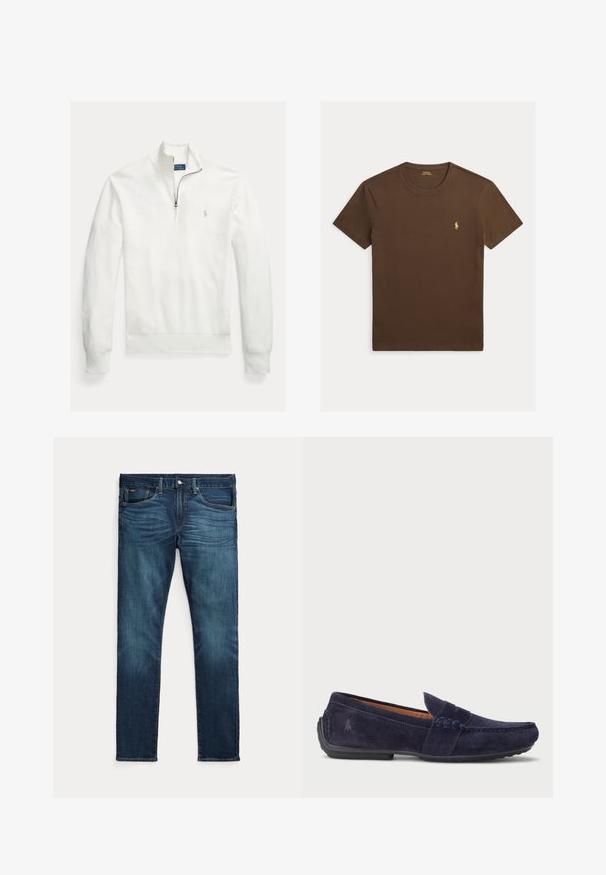Weißer Pullover mit langem Ärmel, Reißverschlusskragen, gewebter Textur und einem kleinen, grauen, gestickten Logo auf der linken Brust.; Braunes T-Shirt mit kurzen Ärmeln und Rundhalsausschnitt mit kleinem gelben Polo Ralph Lauren-Logo auf der linken Brust.; Dunkelblaue Slim-Fit-Jeans mit vorderem Knopf und Reißverschluss, fünf Taschen sowie dezenter Verfärbung an den vorderen Oberschenkeln und Knien.; Marineblaues Wildleder-Mokassin mit gesticktem Design, runder Zehenpartie und strukturiertem Gummisohle. Mit dezentem Logo an der Seite.