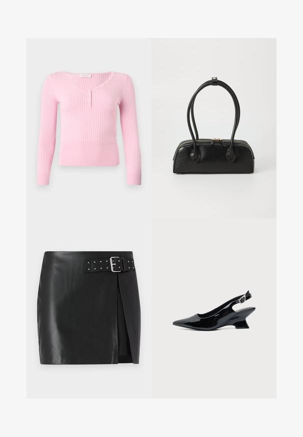 Pull en maille côtelée rose clair avec manches longues, col en V et sept petits boutons assortis le long de l'encolure et de la patte de boutonnage avant.; Mini-jupe en simili cuir noir avec une ceinture réglable comportant une boucle en argent et des clous décoratifs, design à enroulement avant et texture lisse.; Chaussure slingback en cuir verni noir avec bout pointu et petit talon bloc incliné sur fond clair uni.; Sac à main en cuir noir avec deux anses allongées, fermeture éclair et forme arrondie ; texture lisse avec une finition légèrement brillante.