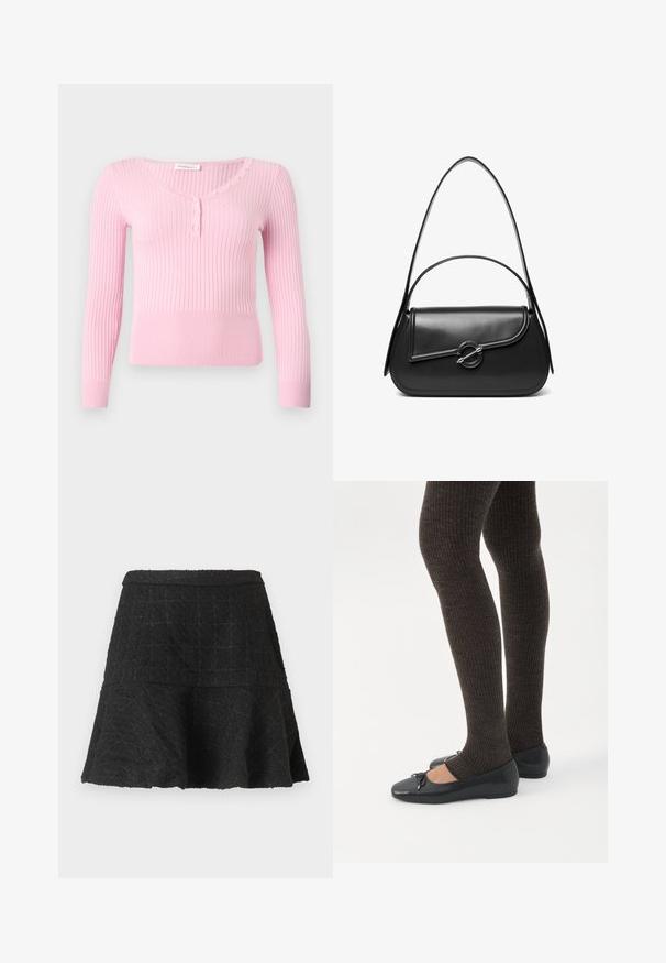 Pull en maille côtelée rose clair avec manches longues, col en V et sept petits boutons assortis le long de l'encolure et de la patte de boutonnage avant.; Jupe évasée noire texturée en ligne A avec ourlet évasé et motif à carreaux subtil sur fond uni.; Jambes portant des leggings côtelés foncés associés à des ballerines noires avec de petits détails en nœud sur fond blanc.; Sac à bandoulière en cuir noir avec un rabat incurvé fermé par un fermoir métallique rond et une sangle fine et ajustable.