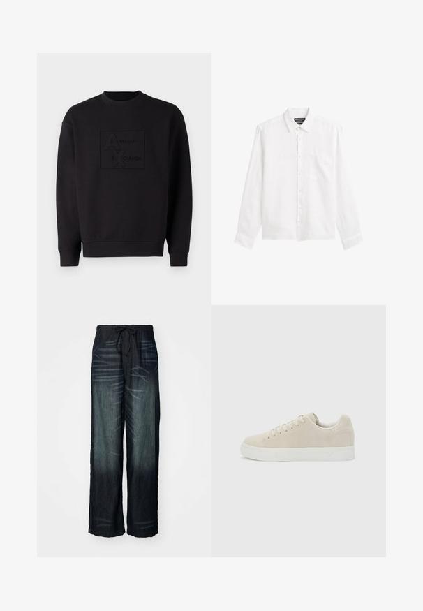 Zwarte sweatshirt met een ronde halslijn, voorzien van een reliëf Armani Exchange-logo in het midden. Gemaakt van zachte stof met een losse pasvorm.; Wit overhemd met lange mouwen, knopen en een kraag, met een borstzak, plat neergelegd op een witte achtergrond.; Wijdvallende broek van donker denim met een geleidelijke vervaging. Heeft een elastische tailleband met een trekkoord. Gladde textuur met subtiele slijtagepatronen.; Beige lage sneaker met veters aan de voorkant en dikke witte rubberen zool op een effen lichtgrijze achtergrond.