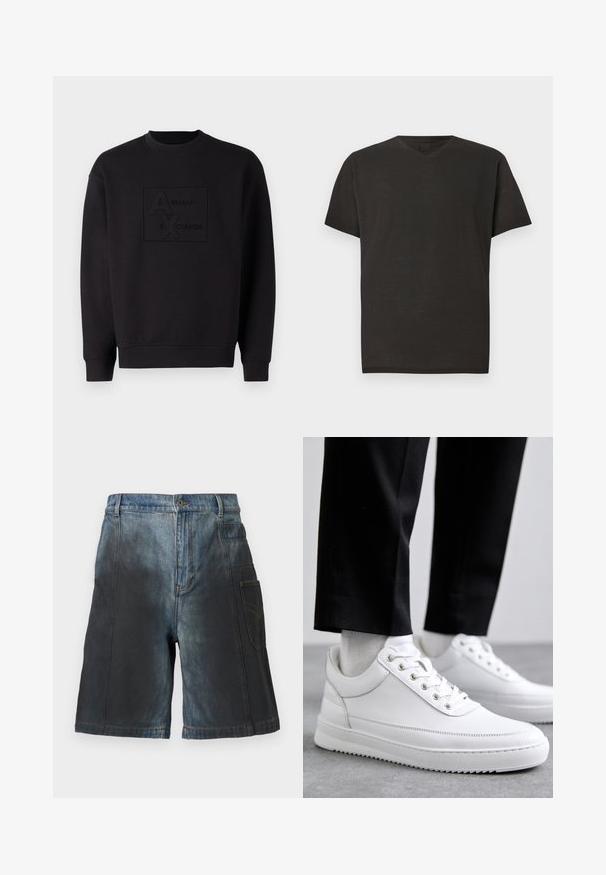 Zwarte sweatshirt met een ronde halslijn, voorzien van een reliëf Armani Exchange-logo in het midden. Gemaakt van zachte stof met een losse pasvorm.; Zwart T-shirt met V-hals gemaakt van lichtgewicht stof, voorzien van korte mouwen en een ontspannen pasvorm, met een gladde textuur en zonder zichtbare patronen.; Denimshorts met een vervaagde zwart-tot-blauwe verloop, knoop en rits aan de voorkant, riemlussen en een grote zijzak met gestikte details.; Witte leren sneakers met een platte rubberen zool, met een soepele afwerking, ronde neus en metalen oogjes voor de veters. Draag ze met een zwarte broek.