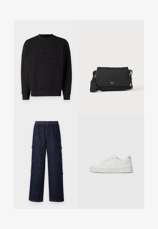Zwarte sweatshirt met een ronde halslijn, voorzien van een reliëf Armani Exchange-logo in het midden. Gemaakt van zachte stof met een losse pasvorm.; Donkerblauwe denim cargo broek met een relaxte fit, voorzien van een elastische tailleband, zijzakken en contrasterende stiksels.; Witte leren sneaker met een gladde afwerking, ronde neus, platte veters en een gestructureerde zool. Kenmerkt zich door een subtiel logo op de hiel.; Zwarte crossbodytas met verstelbare band en klein zilverkleurig logo-embleem op de voorflap, afgebeeld op een effen lichte achtergrond.