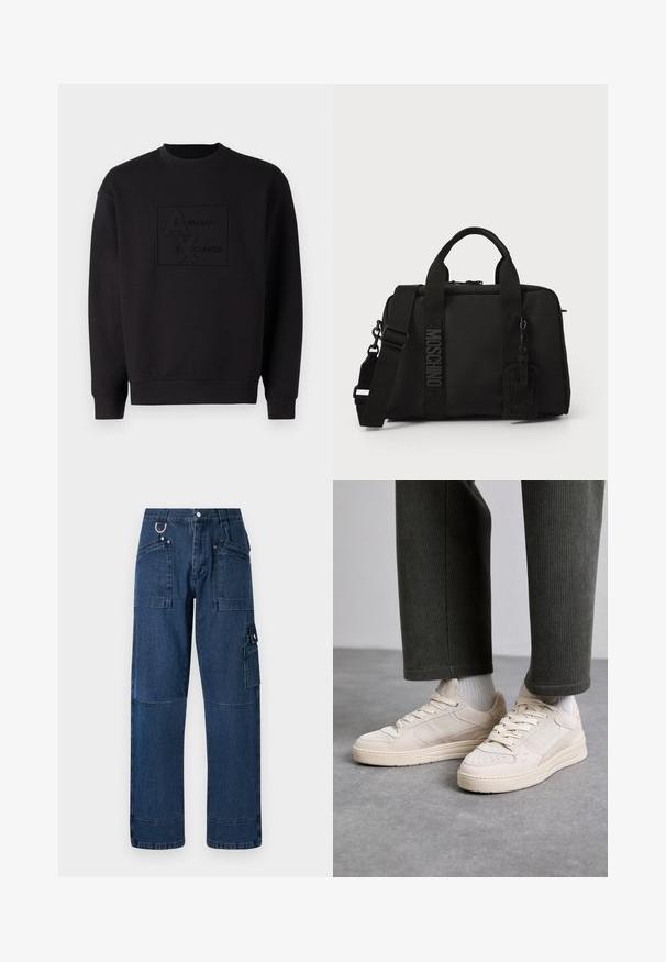 Zwarte sweatshirt met een ronde halslijn, voorzien van een reliëf Armani Exchange-logo in het midden. Gemaakt van zachte stof met een losse pasvorm.; Donkerblauwe denim cargo broek met een rechte snit, voorzien van meerdere zakken, metalen hardware en contrasterende stiksels.; Beige sneakers van suede en mesh, met geperforeerde accenten, platte veters en een dikke zool. Dragen met groene corduroy broek.; Zwarte textiele tas met dubbele handvatten en een afneembare schouderriem. Voorzien van een reliëflogo en leren label. Gladde textuur, rechthoekige vorm.