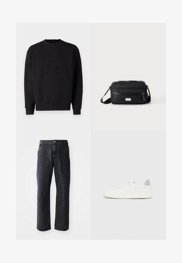 Schwarzes Sweatshirt mit Rundhalsausschnitt, mit einem geprägten Armani Exchange-Logo in der Mitte. Hergestellt aus weichem Stoff mit lockerer Passform.; Schwarze Denim-Jeans mit geradem Schnitt, ausgestattet mit einem Knopfverschluss, fünf Taschen und subtiler Textur. Klassisches Design ohne auffällige Muster.; Weißer Sneaker mit niedrigem Schaft, grauem Fersenlaschen, weißen Schnürsenkeln und einer strukturierten Sohle, dargestellt vor einem schlichten hellen Hintergrund.; Schwarze rechteckige Umhängetasche mit vorderer Reißverschlusstasche, verstellbarem Riemen und silberner rechteckiger Logo-Plakette auf einfarbigem Hintergrund.