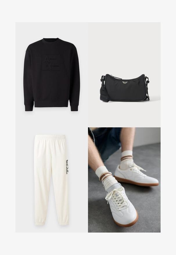 Schwarzes Sweatshirt mit Rundhalsausschnitt, mit einem geprägten Armani Exchange-Logo in der Mitte. Hergestellt aus weichem Stoff mit lockerer Passform.; Helle beige Sweatpants mit einem elastischen Bund und elastischen Bündchen. Mit einem schwarzen Logo-Druck auf dem linken Bein. Weicher Stoff. ; Weiße Ledersneaker mit glatter Textur, grauen Wildlederelementen, beigen Gummisohlen und flachen Schnürsenkeln. Kombiniert mit cremefarbenen und braun gestreiften Socken.; Schwarze rechteckige Crossbody-Tasche mit silbernem Markenlogo-Emblem und verstellbarem Riemen auf hellem Hintergrund.