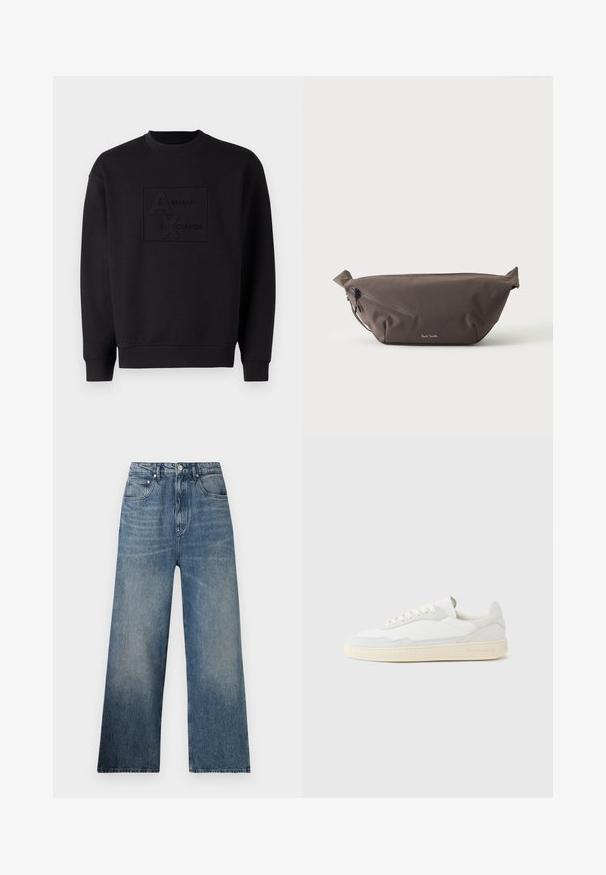 Zwarte sweatshirt met een ronde halslijn, voorzien van een reliëf Armani Exchange-logo in het midden. Gemaakt van zachte stof met een losse pasvorm.; Blauwe denim wijdgerande jeans met een hoge taille, voorzien van subtiele vervaging, vijf zakken en een metalen knoopsluiting aan de voorkant.; Witte sneaker met een bovenwerk van gestructureerd suède en leer. Voorzien van een afgeronde neus, vetersluiting en een contrasterende beige rubberen zool.; Donkerbruine stoffen heuptas met diagonale ritssluiting en klein wit logo aan de voorkant, tegen een effen lichte achtergrond.