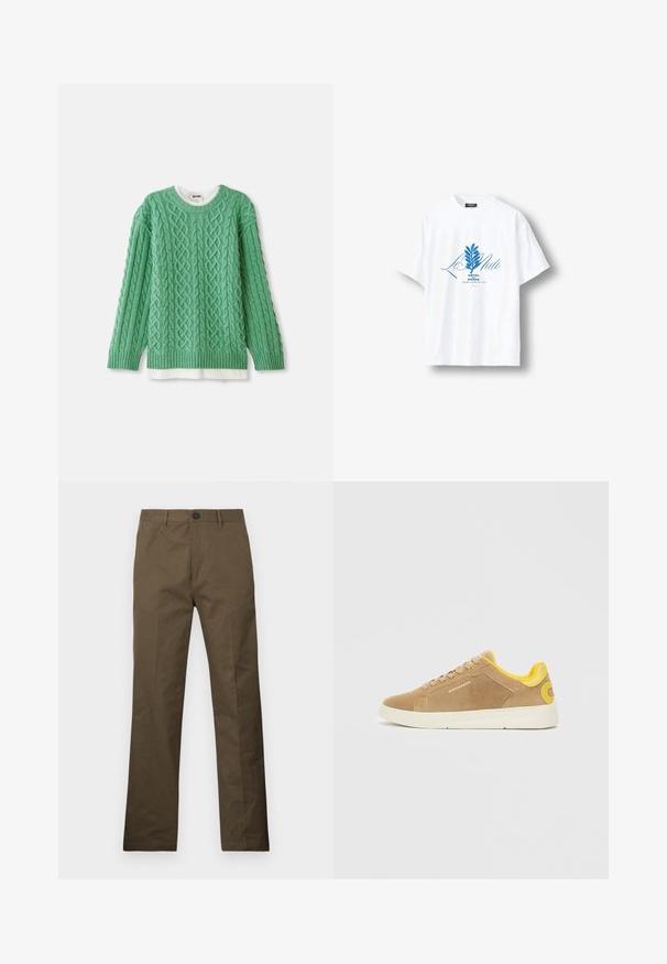 Grøn strikket sweater med et kabeldesign, der har en rund halsudskæring og ribbede manchetter. Bærer den lagdelt over en hvid skjorte.; Hvid T-shirt med korte ærmer med blåt botanisk motiv og teksten "Le Midi Hôtel du Rivage Saint-Jean-de-Luz" centreret foran.; Brune bomuldsbukser med lige snit, forsynet med en knaplukning og sidelommer, præsenteret mod en hvid baggrund.; Suedesneakers i lys brun med en gul hældetalje, hvid gummisål og beige snørebånd. Logo på siden, struktureret overflade.