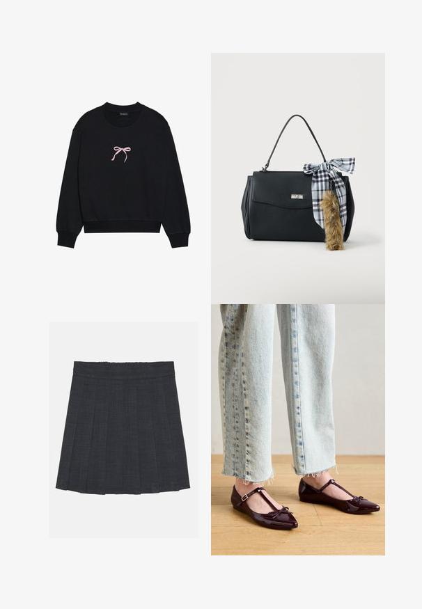 Zwarte sweatshirt van zacht materiaal, met een roze geborduurde strik aan de voorkant. Ronde halslijn, lange mouwen en geribbelde manchetten.; Donkergrijze plisséstofrok met een elastische tailleband, gekenmerkt door een gestructureerde stof en een klassieke A-lijnsilhouet. Geschikt voor casual gebruik.; Glanzende bordeauxrode ballerina's met een T-bandje en een strikdetail bij de neus. Gecombineerd met cropped lichtblauwe spijkerbroek.; Zwarte handtas met een bovenhandvat, zilverkleurige sluiting en een zwart-wit geruit lint vastgeknoopt aan een bruine, harige sleutelhanger.