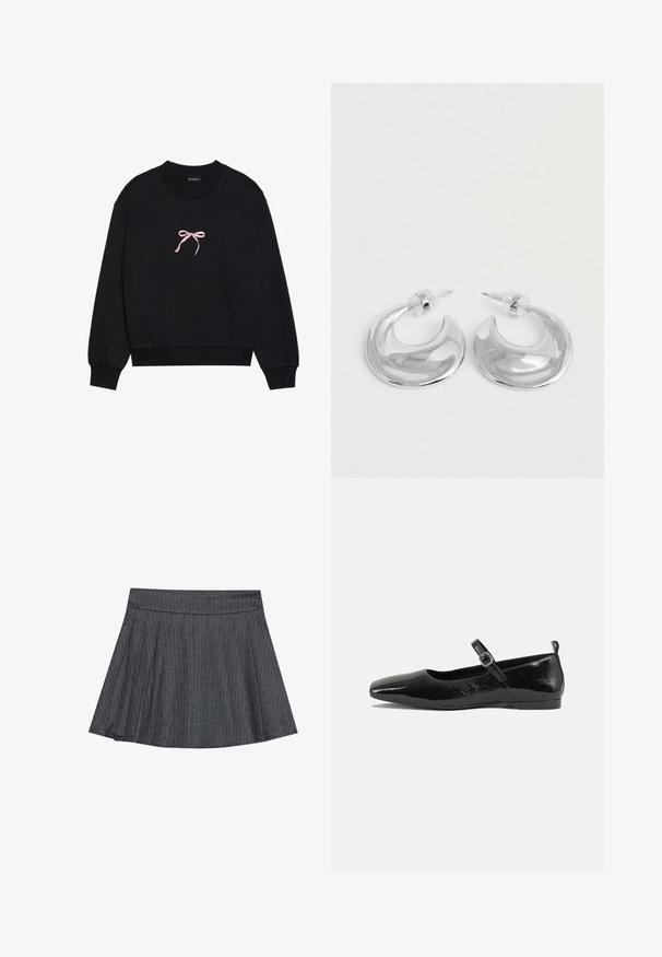 Sort sweatshirt lavet af blødt stof, med en lyserød broderet sløjfe på forsiden. Rund halsudskæring, lange ærmer og ribbede mansjetter.; Grå stribede skater nederdel med en tætsiddende talje, udformet i A-linje og en blød stofstruktur. Lodrette linjer øger den visuelle interesse.; Sorte patentlæder flade sko med spidse tæer, en ankelrem med spænde og en glat, blank tekstur. Lav hæl for komfort.; Et par polerede sølv halvmåneformede hoop øreringe med klare plastikbagsider på en hvid overflade.