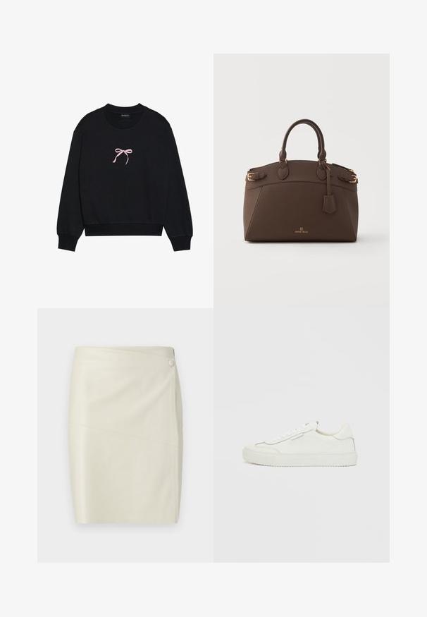 Zwarte sweatshirt van zacht materiaal, met een roze geborduurde strik aan de voorkant. Ronde halslijn, lange mouwen en geribbelde manchetten.; Potloodrok van crème-fakeleer met diagonale naad en bedekte knoopsluiting aan de bovenkant.; Witte lage sneaker met geschulpte randen, vetersluiting en platte rubberen zool op een effen witte achtergrond.; Donkerbruine leren handtas met dubbele handvatten, gouden gespen, een hangend label en het "Anna Field"-logo aan de voorkant in het midden.