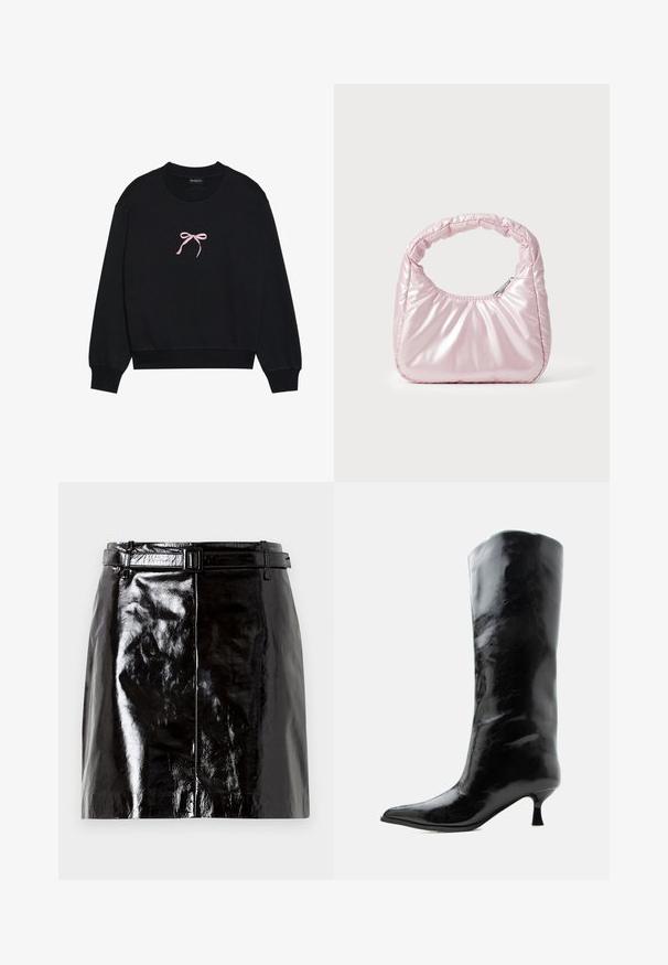 Zwarte sweatshirt van zacht materiaal, met een roze geborduurde strik aan de voorkant. Ronde halslijn, lange mouwen en geribbelde manchetten.; Zwarte glanzende leren minirok met bijpassende riem en centrale naaddetails.; Zwarte glanzende kniehoge leren laars met puntige neus en lage gebogen hak op een effen lichte achtergrond.; Roze, gevoerde handtas met een afgeronde vorm, gemaakt van glanzend materiaal. Beschikt over een geplooide handgreep en een ritssluiting voor veilige toegang.