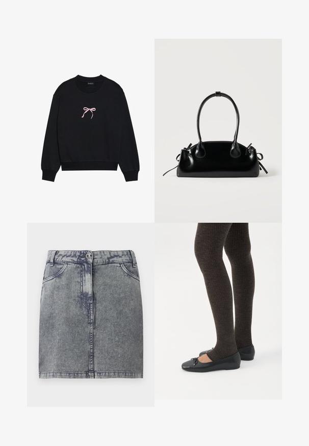 Sort sweatshirt lavet af blødt stof, med en lyserød broderet sløjfe på forsiden. Rund halsudskæring, lange ærmer og ribbede mansjetter.; Grå denim minisukne med en falmet vask, der har forlommer, en knaplukning og en lige kant. Struktureret stof.; Ben iført mørke ribbede leggings kombineret med sorte balletsko med små sløjfedetaljer på hvid baggrund.; Lille sort blank håndtaske med to lange håndtag og snøre-detaljer i siden på en ensfarvet lys baggrund.