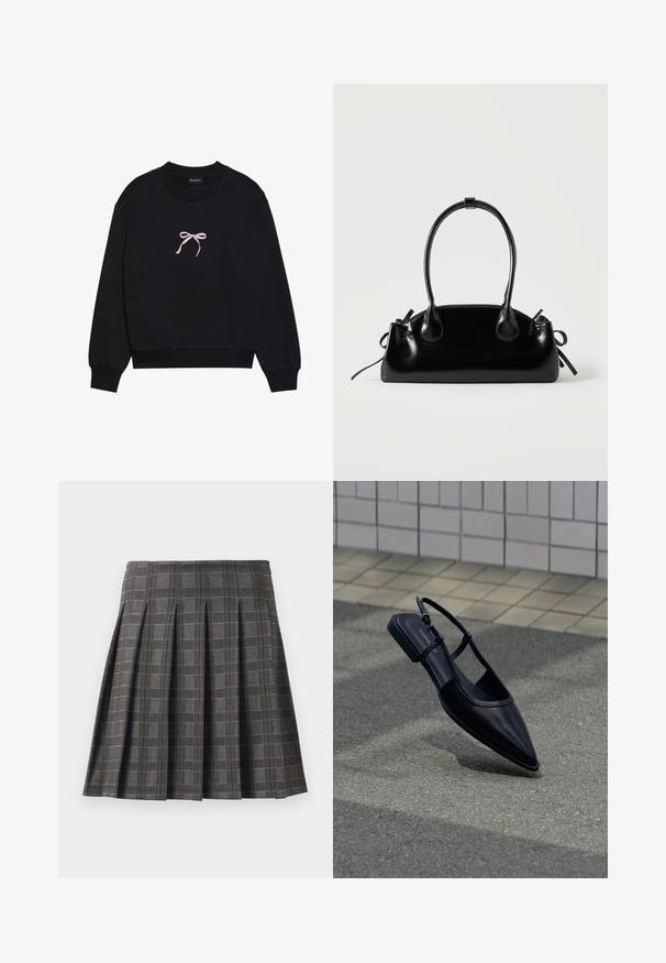 Sort sweatshirt lavet af blødt stof, med en lyserød broderet sløjfe på forsiden. Rund halsudskæring, lange ærmer og ribbede mansjetter.; Plisseret nederdel i et gråt ternet mønster, lavet af et tekstureret stof. Har lodrette pliser og en lige kant.; Sort slingback-flad sko med spids tå, svævende over en asfaltflade ved siden af en flisebelagt fortov.; Lille sort blank håndtaske med to lange håndtag og snøre-detaljer i siden på en ensfarvet lys baggrund.