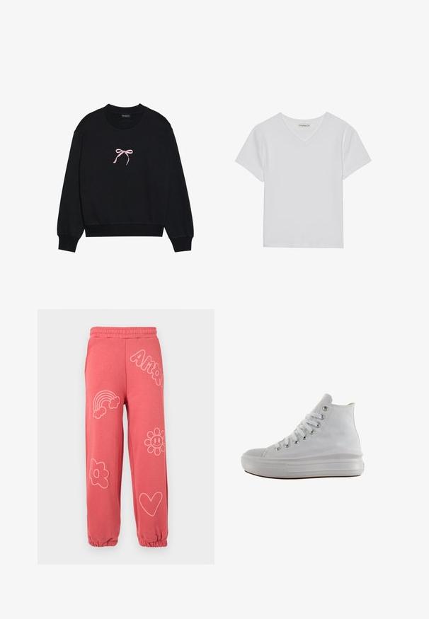 Zwarte sweatshirt van zacht materiaal, met een roze geborduurde strik aan de voorkant. Ronde halslijn, lange mouwen en geribbelde manchetten.; Witte T-shirt met korte mouwen en V-hals, gemaakt van ribbelstof. Heeft een strakke ontwerp met een rechte zoom en minimale details.; Koraalroze joggingbroek met elastische tailleband en boorden, versierd met lichtroze contouren van een regenboog, bloemen, een hart en het woord "Amor".; Witte hoge canvas sneaker met witte veters, metalen oogjes, dikke rubberen zool en gestructureerde neuskap, naar links gericht op een witte achtergrond.