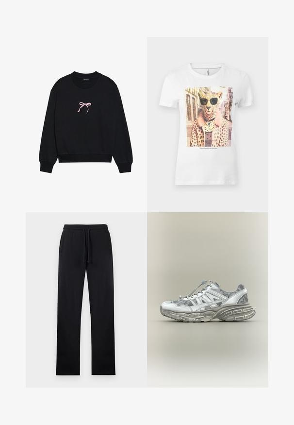 Sort sweatshirt lavet af blødt stof, med en lyserød broderet sløjfe på forsiden. Rund halsudskæring, lange ærmer og ribbede mansjetter.; Hvid bomuld T-shirt med et grafisk print af en leopard med solbriller, en pink pelskrave og brune pletter på kroppen.; Sorte sweatpants med lige ben, elastik i taljen og justerbar snor foran, vist fladt på en lys baggrund.; Hvid og grå atletiksneaker med blomsterprint, tyk tekstureret sål og elastisk snørelukning med lås på neutral baggrund.