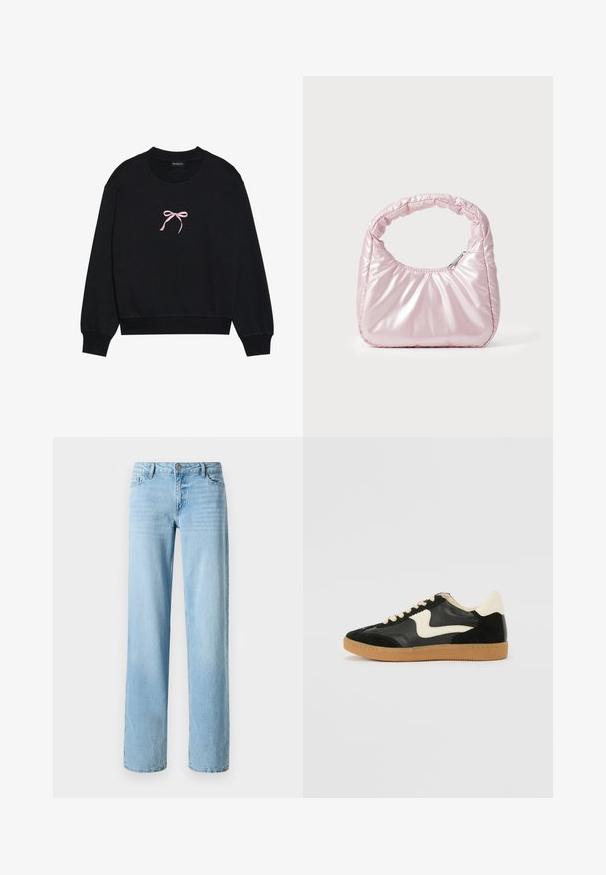 Zwarte sweatshirt van zacht materiaal, met een roze geborduurde strik aan de voorkant. Ronde halslijn, lange mouwen en geribbelde manchetten.; Lichtblauwe denim jeans, met een recht ontwerp, voorzien van vijf zakken en een knoopsluiting aan de voorkant. Soepele textuur met subtiele vervaging.; Zwarte suède en leren sneaker met een crèmekleurige zij-swoosh en lichte crèmekleurige hiel. Voorzien van beige veters en een gumrubberen zool.; Roze, gevoerde handtas met een afgeronde vorm, gemaakt van glanzend materiaal. Beschikt over een geplooide handgreep en een ritssluiting voor veilige toegang.