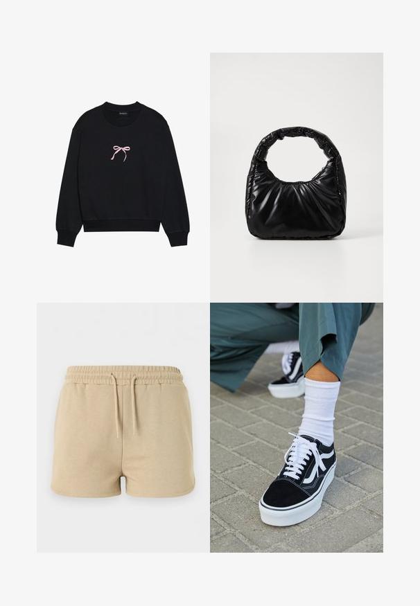 Sort sweatshirt lavet af blødt stof, med en lyserød broderet sløjfe på forsiden. Rund halsudskæring, lange ærmer og ribbede mansjetter.; Beige bomuldsshorts med elastisk taljebånd og snor foran, designet til afslappet brug.; Sorte ruskinds sneakers med hvide accenter og snørebånd, der har en tyk hvid sål og kontrasterende syninger, parret med en hvid sok.; Sort polstret håndtaske med et rundt håndtag, der har en glat, skinnende overflade og en blød, kviltet tekstur. Ingen synlige hardware eller accenter.