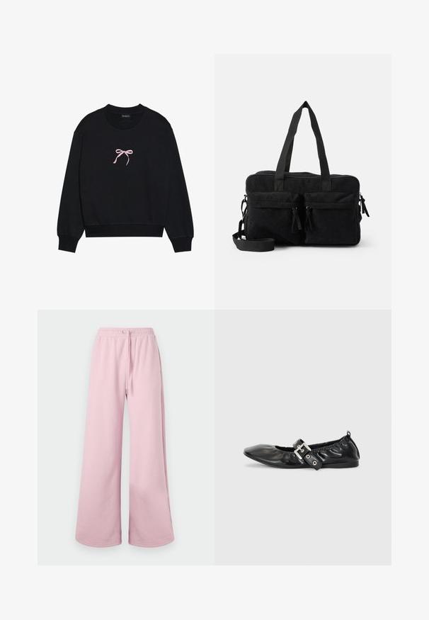 Sort sweatshirt lavet af blødt stof, med en lyserød broderet sløjfe på forsiden. Rund halsudskæring, lange ærmer og ribbede mansjetter.; Lyserøde brede bukser med elastisk talje og snoretræk, vist på en neutral baggrund.; Sorte læder flade sko med spids tå, samling detaljer omkring åbningen, og en sølv spænde accent på den justerbare rem.; Sort corduroy taske med to top hanke, aftagelig skulderrem, to frontlommer med frynseforynede lynlåse og ribbet tekstur.
