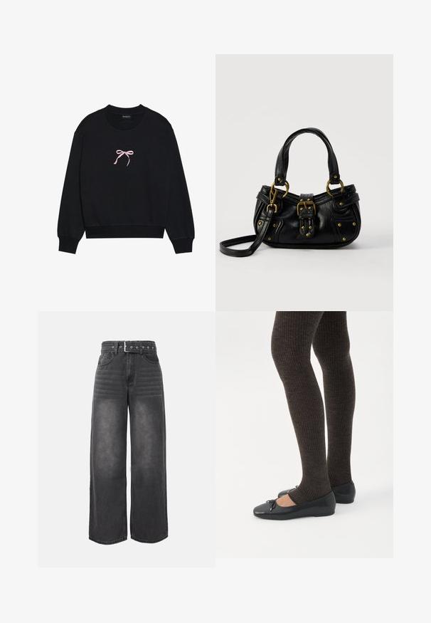 Zwarte sweatshirt van zacht materiaal, met een roze geborduurde strik aan de voorkant. Ronde halslijn, lange mouwen en geribbelde manchetten.; Zwart denim denim met hoge taille en wijde pijpen, voorzien van een bijpassende riem, voorzakken, en een subtiele vervaagde textuur op de stof.; Benen met donkere geribbelde leggings gecombineerd met zwarte ballerina's met kleine strikdetails op een witte achtergrond.; Zwarte leren handtas met gouden gesp en klinknagel details, korte handvatten en een verstelbare schouderriem op een effen witte achtergrond.