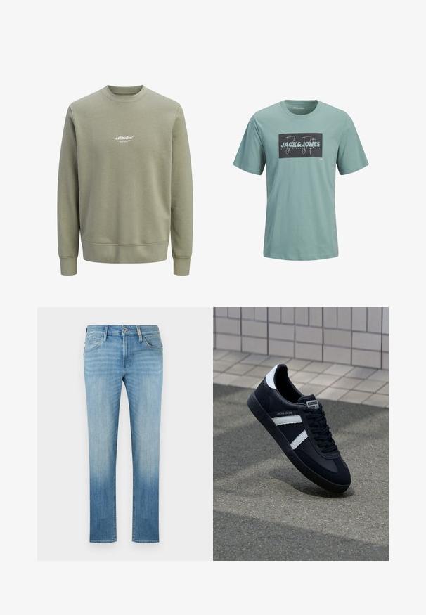 Sweat-shirt vert olive clair à col ras du cou, manches longues, avec un petit logo blanc "JJ Studios" centré sur la poitrine.; T-shirt vert clair à manches courtes avec col rond et patch rectangulaire noir affichant le logo "Jack & Jones" et un texte stylisé en blanc.; Jean droit bleu clair avec bouton frontal, fermeture éclair, passants de ceinture, et petit logo sur la poche avant droite.; Sneaker en cuir noir avec des rayures blanches, semelle en caoutchouc texturée et devant à lacets. Présente une étiquette de marque sur la languette.