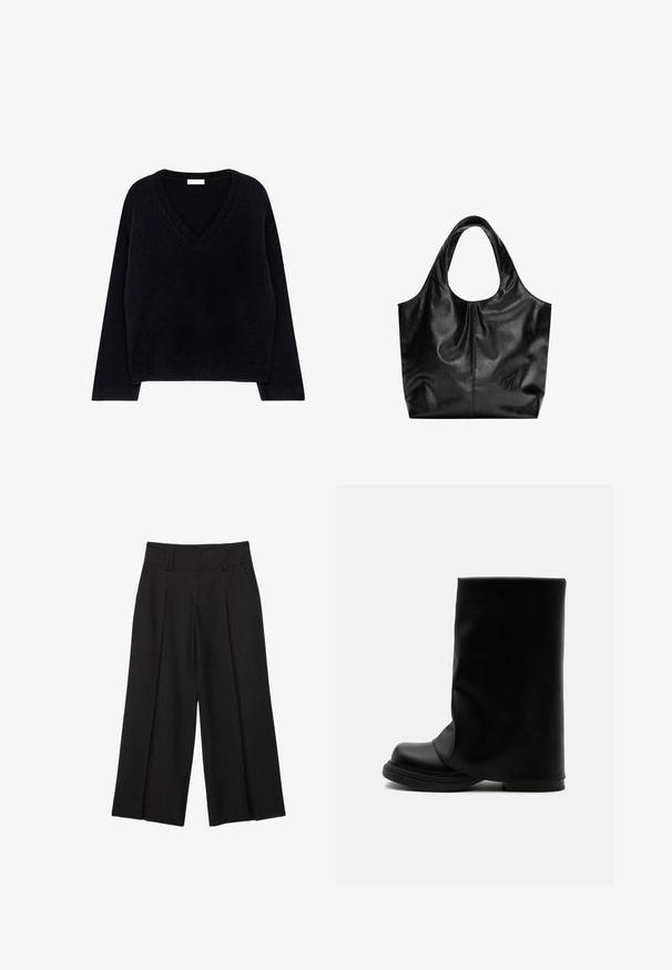 Sort strikket sweater med V-hals, lange ærmer og ribbet kant. Blød tekstur med en afslappet pasform og minimalistisk design.; Sorte vide bens cropped bukser med bæltestropper og forreste plisseringer, lavet af et glat stof for et skræddersyet udseende.; Sort høj læderstøvle med bred, løs øvre skaft og en tyk, rundet sål på hvid baggrund.; Sort læder tote taske med en glat overflade, en blød, afrundet top og brede håndtag. Har minimal syning og en afslappet silhuet.
